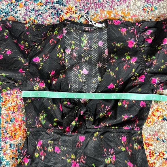 Pam & Gela Neon Ditsy Dress‎ Tie Front Puff Sleeve Mini sz P - Picture 14 of 16